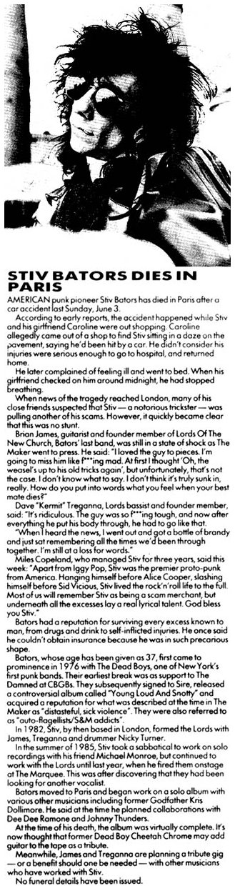 The Lords of The New Church - Stiv Bators R.I.P. - Melody Maker - 16.06.90