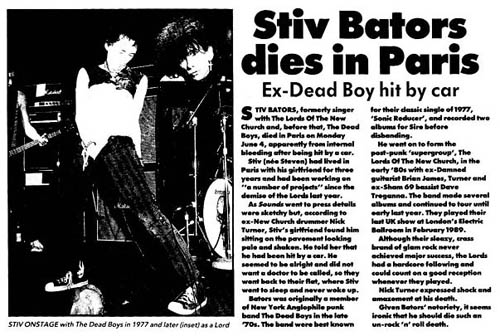 The Lords of The New Church - Stiv Bators R.I.P. - Sounds - 16.06.90