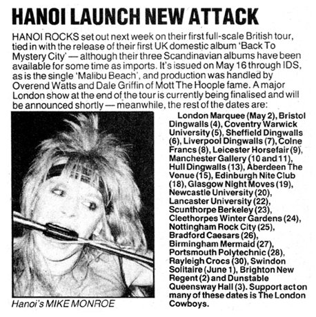 Hanoi Rocks - NME 'Back to Mystery City' UK Tour Announcement - 1983