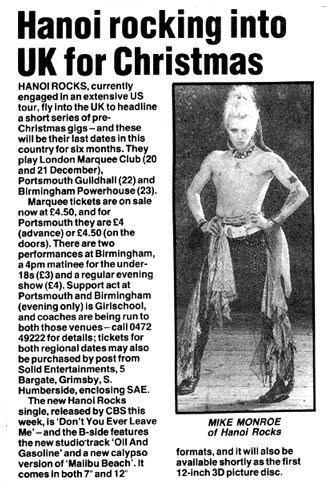 Hanoi Rocks - NME UK Xmas Gigs Announcement - 1984