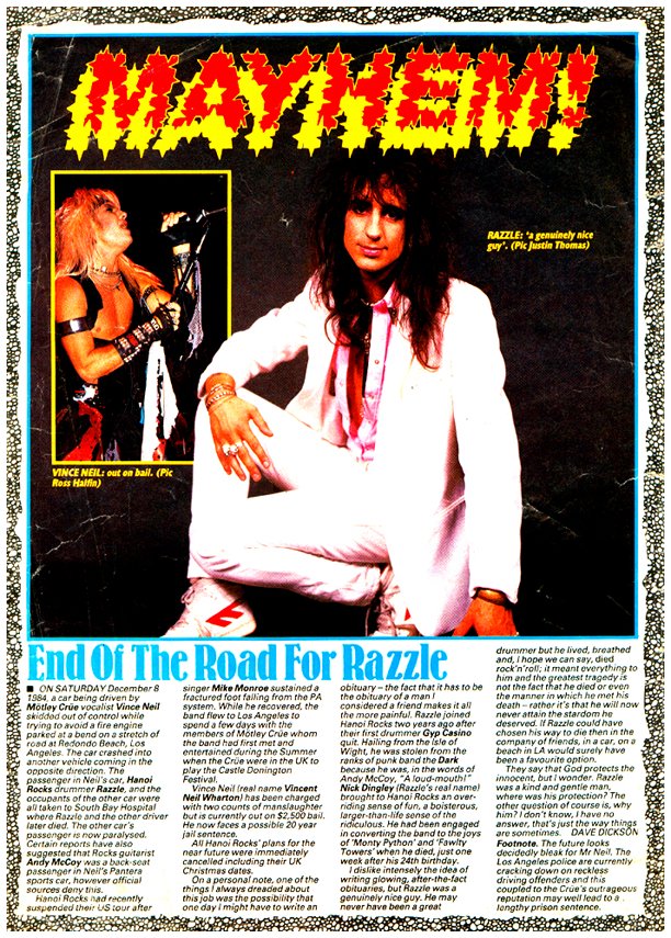 Hanoi Rocks - Announcement of Razzle's Death - Kerrang! No.84 - December 27th - January 9th