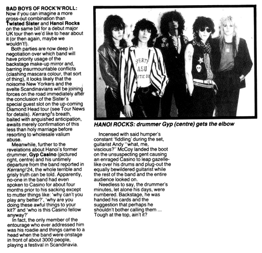 Hanoi Rocks - Kerrang! 26 - October 7th, 1982